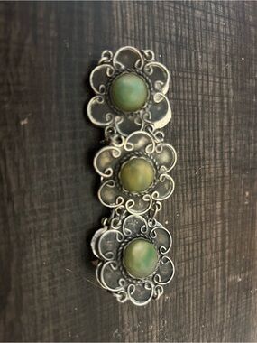 Artisan Vintage Mexican Silver Floral Bracelet with Green Turquoise Cabochons
